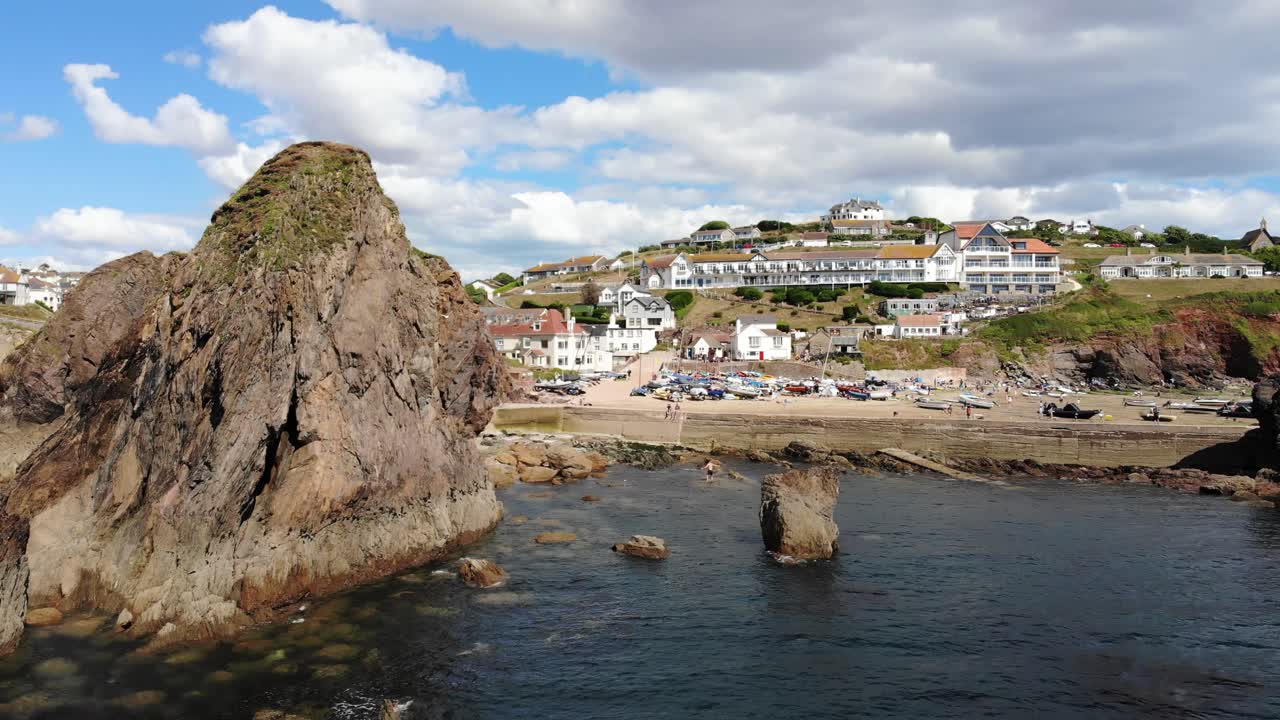 Aerial View Of Sea Stack At Hope Cove Along Devon's Coastline
