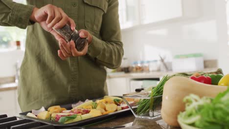 Video-of-midsection-of-biracial-woman-in-hijab-preparing-meal,-adding-pepper