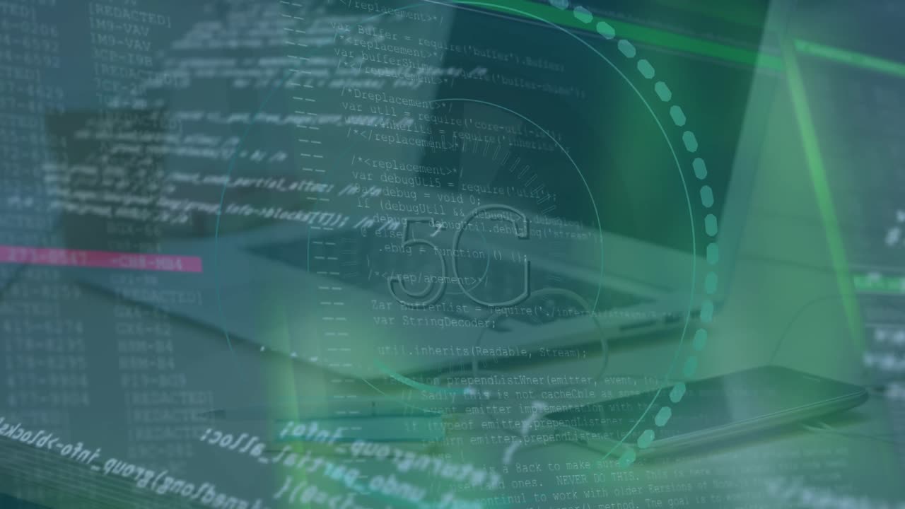 Animation of financial data processing and 5g text over desk with laptop