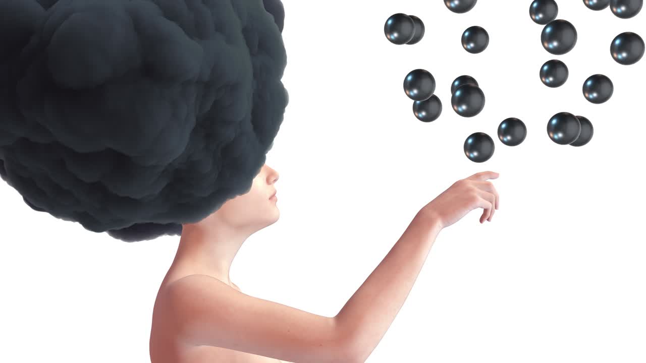 머리에 구름과 날아다니는 구체를 가진 여성의 몸, 창의적인 현대 스 모션 스타일의 현실적인 3d 미술 작곡, 최소한의 추상적인 그래픽 디자인, 패션 루프 애니메이션.