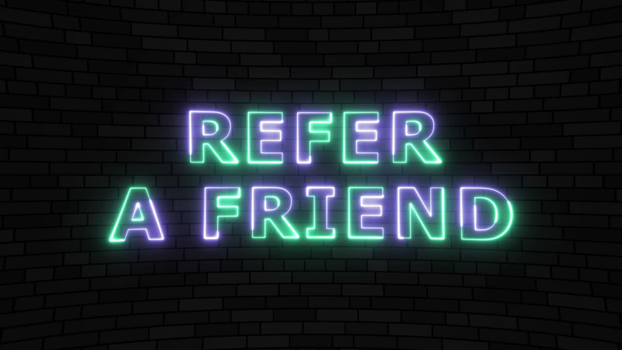 'REFER A FRIEND' thin line neon border lines title animation. Simple seamless loop animated text. 4k typography motion graphic