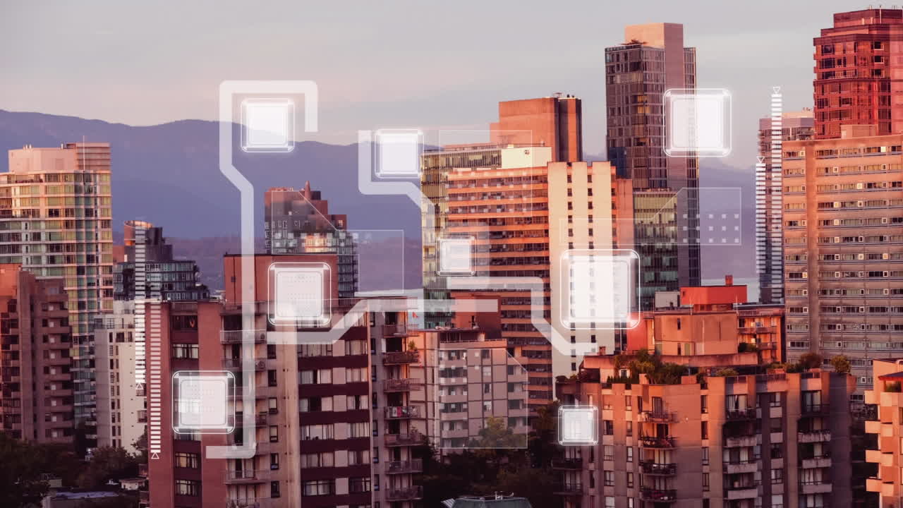 animación de la red de conexiones sobre el paisaje urbano