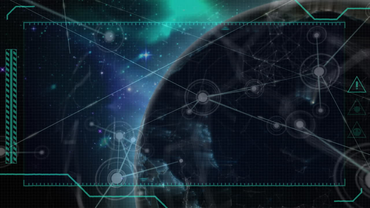 Animation of network of connections with globe turning in space