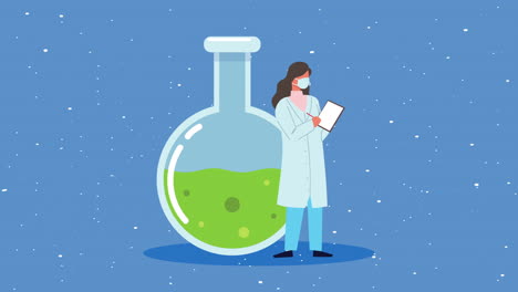 científica con una lista de comprobación y un frasco de ensayo