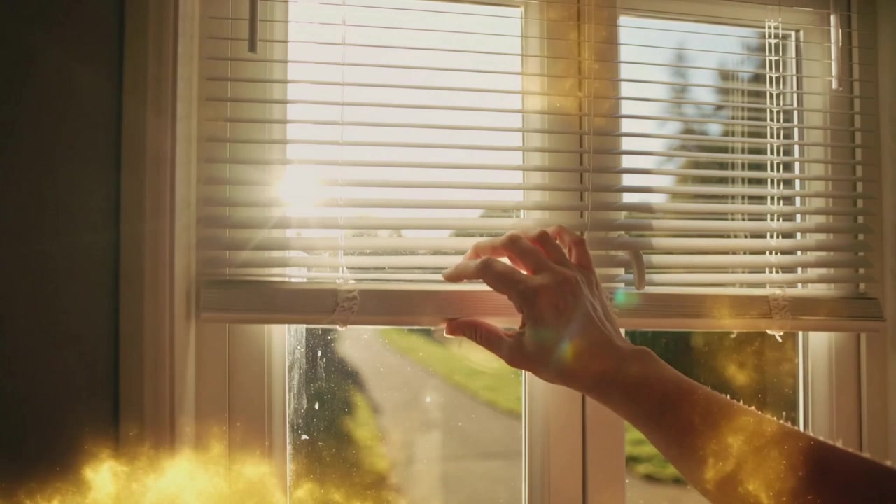 Dos mujeres adultas abrazándose y soltando el abrazo, una levantando la persiana horizontal de la ventana, invitando a la luz del sol.