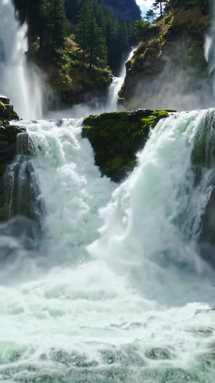 Video verticale: Telecamera in movimento che mostra cascate che si dividono attorno a un'isola rocciosa coperta di muschio in una gola, mostrando la potenza