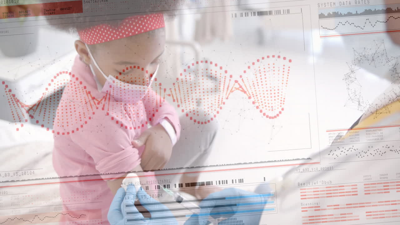 아프리카계 미국인 여성 의사가 소녀 환자를 접종하는 인터페이스에서 dna의 애니메이션