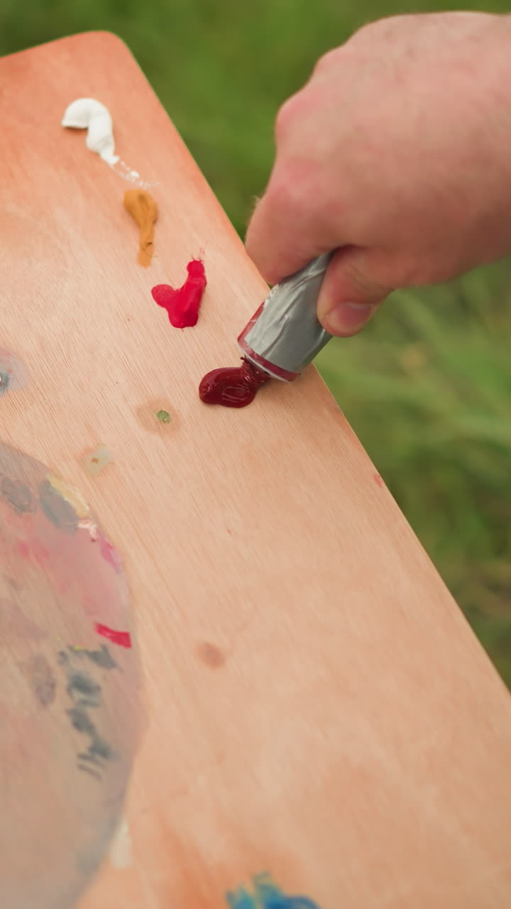 close-up of a collaborative artistic moment. A woman holds a wooden palette while a man carefully squeezes out paint from a tube onto the palette, preparing for a creative session