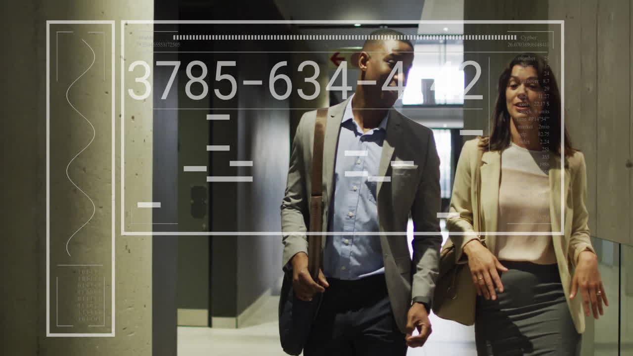 디지털 코드 오버레이 애니메이션으로 복도에서 는 비즈니스 전문가