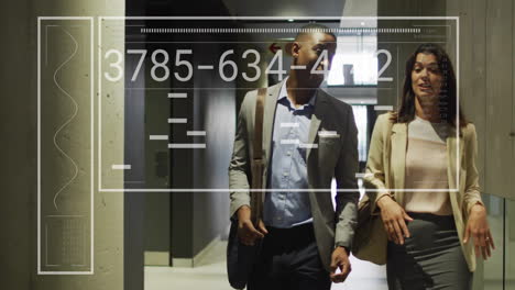 business professionals walking in hallway with digital code overlay animation