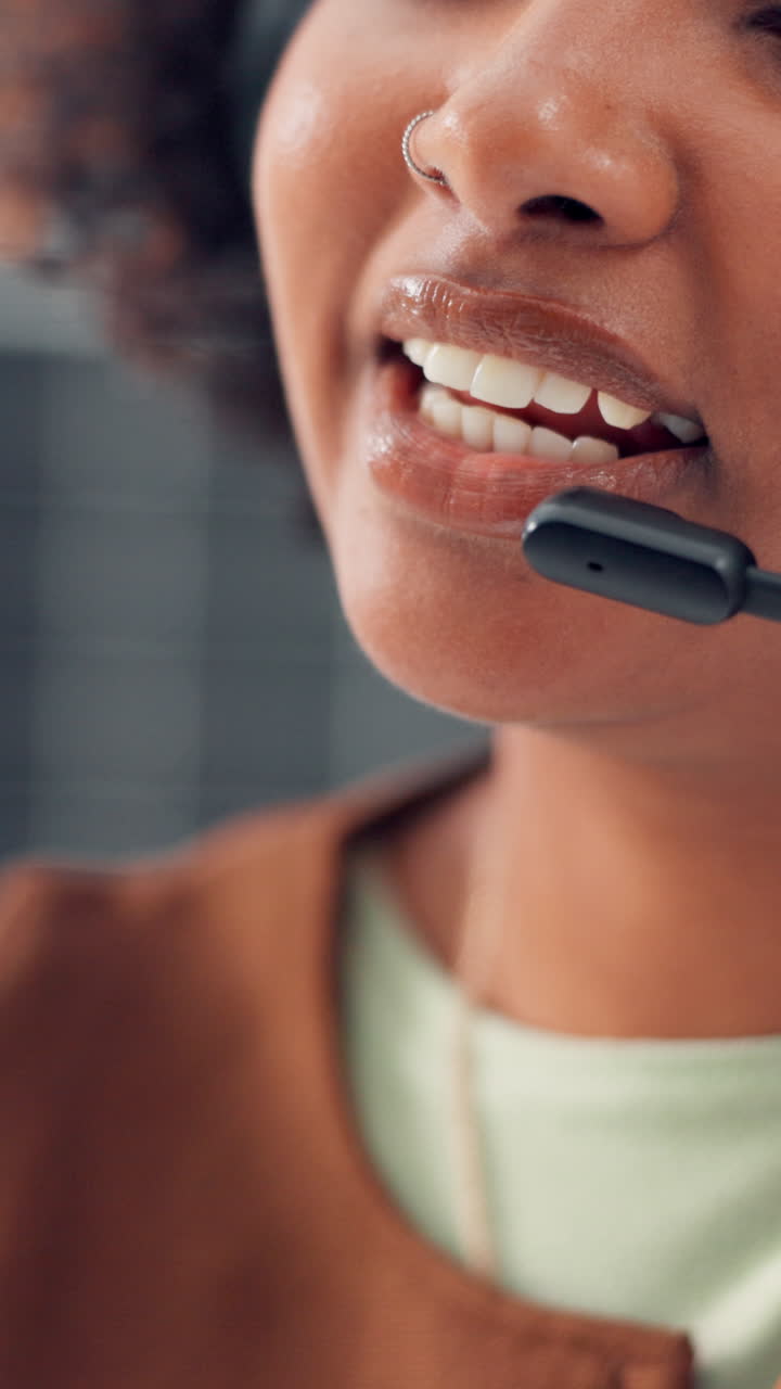 Close-up of a Woman's Mouth Speaking with a Headset
