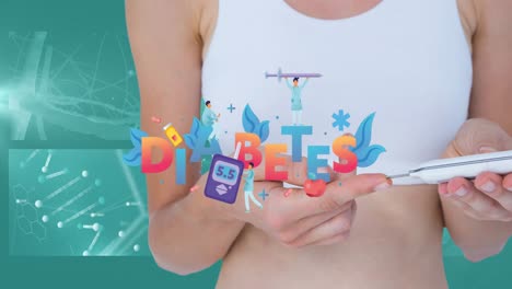 animación de texto de diabetes sobre mujeres que usan un medidor de glucosa