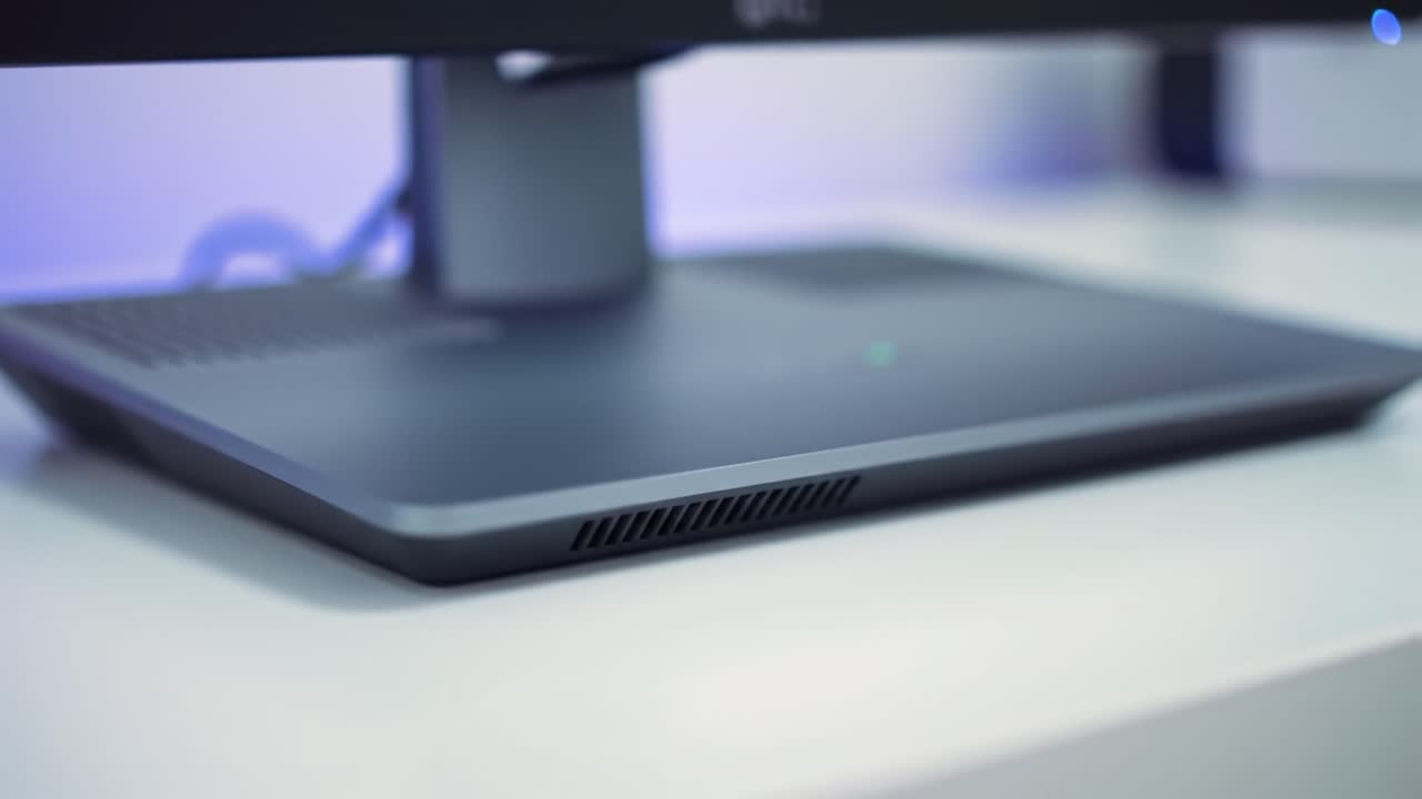 Close-Up View of a Modern Desktop Monitor Stand: A Sleek Design Highlighting Precision Engineering and Aesthetic Appeal on a Minimalist Workspace