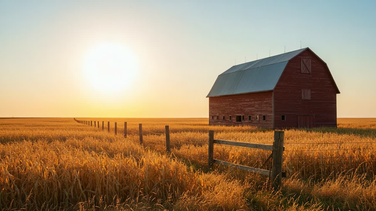 Serene Sunset Over a Rustic Barn: Capturing the Tranquil Beauty of a Golden Wheat Field Bathed in Warm Evening Light