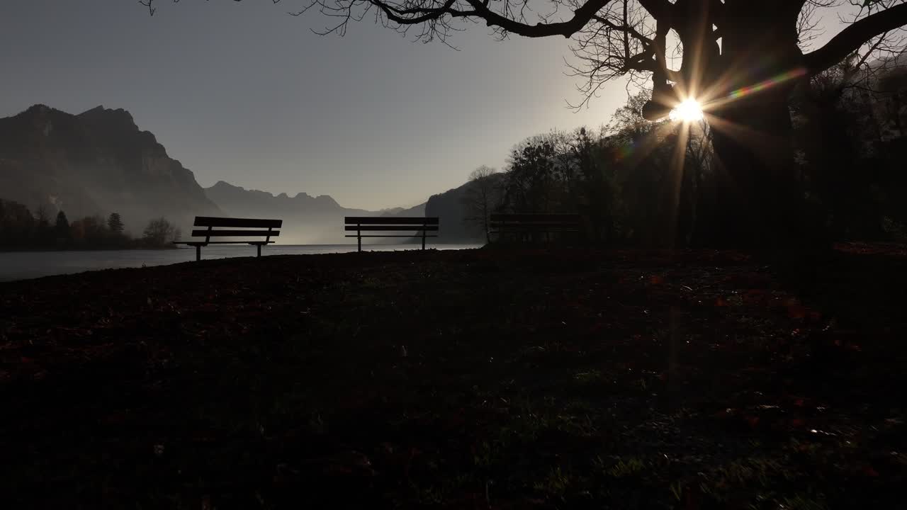 스위스 발렌세 호수 연안에 있는 두 개의 벤치가 있는 공원에서 안개가 가득한 아침을 지나가는 영화적 이미지, 평온하고 신비로운 분위기로 둘러싸여 있다.