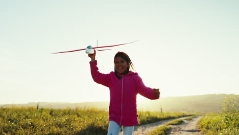 girl child, airplane and toys with running