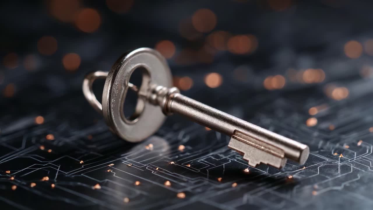 A close-up view of an old-fashioned metallic key resting on a dark surface with glowing circuits, symbolizing security and access to hidden information