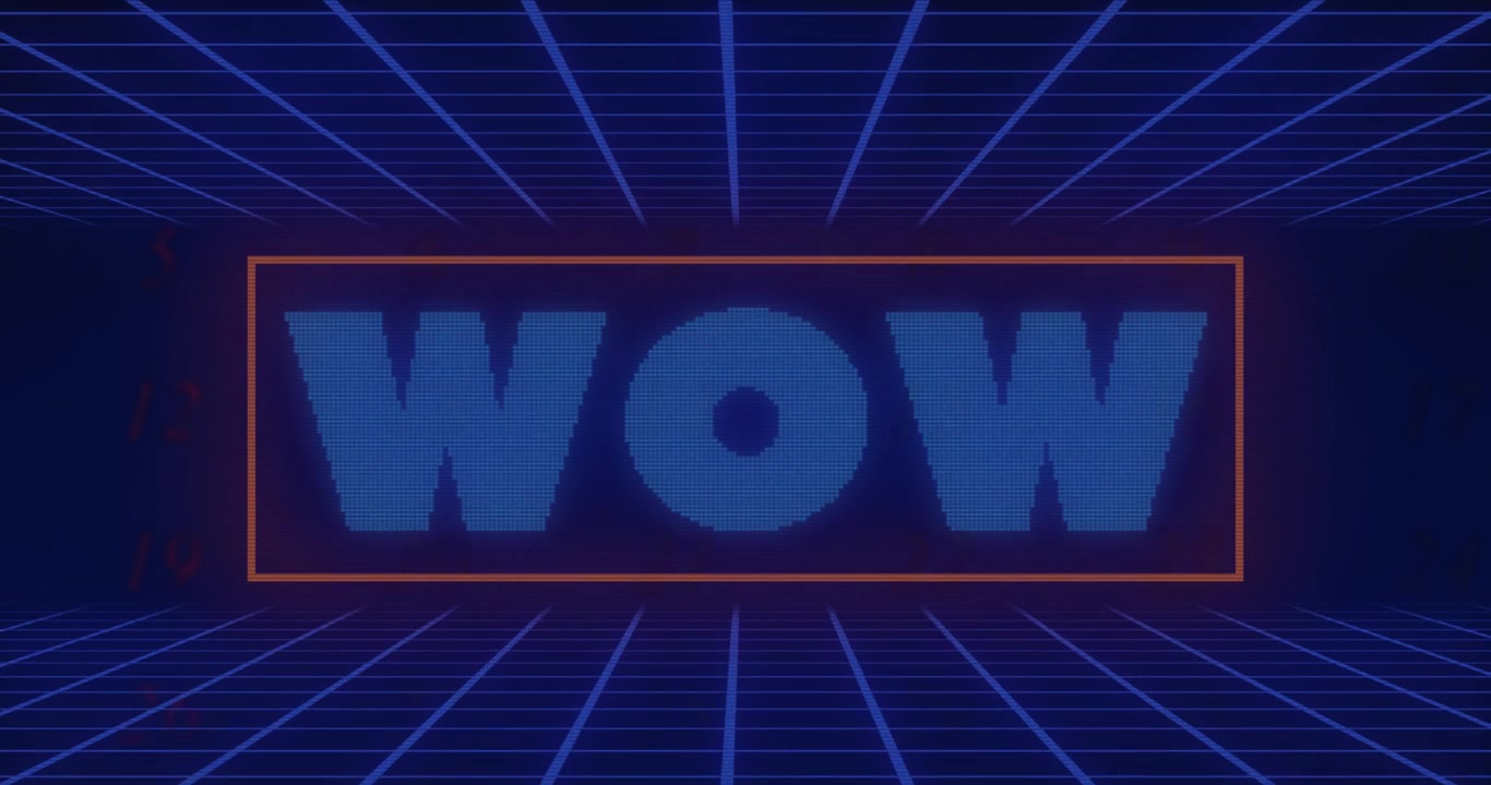 Animazione del testo 'wow' su forme, su sfondo blu.