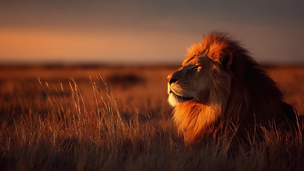 Majestic Lion in the Golden Savanna: A Stunning Portrait Captured at Sunset, Showcasing the King's Regality and Power in the Wild Landscape of Grasslands