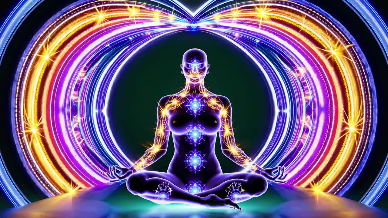 Un concept video surreale di una figura meditativa con chakra luminosi, ripresa frontalmente