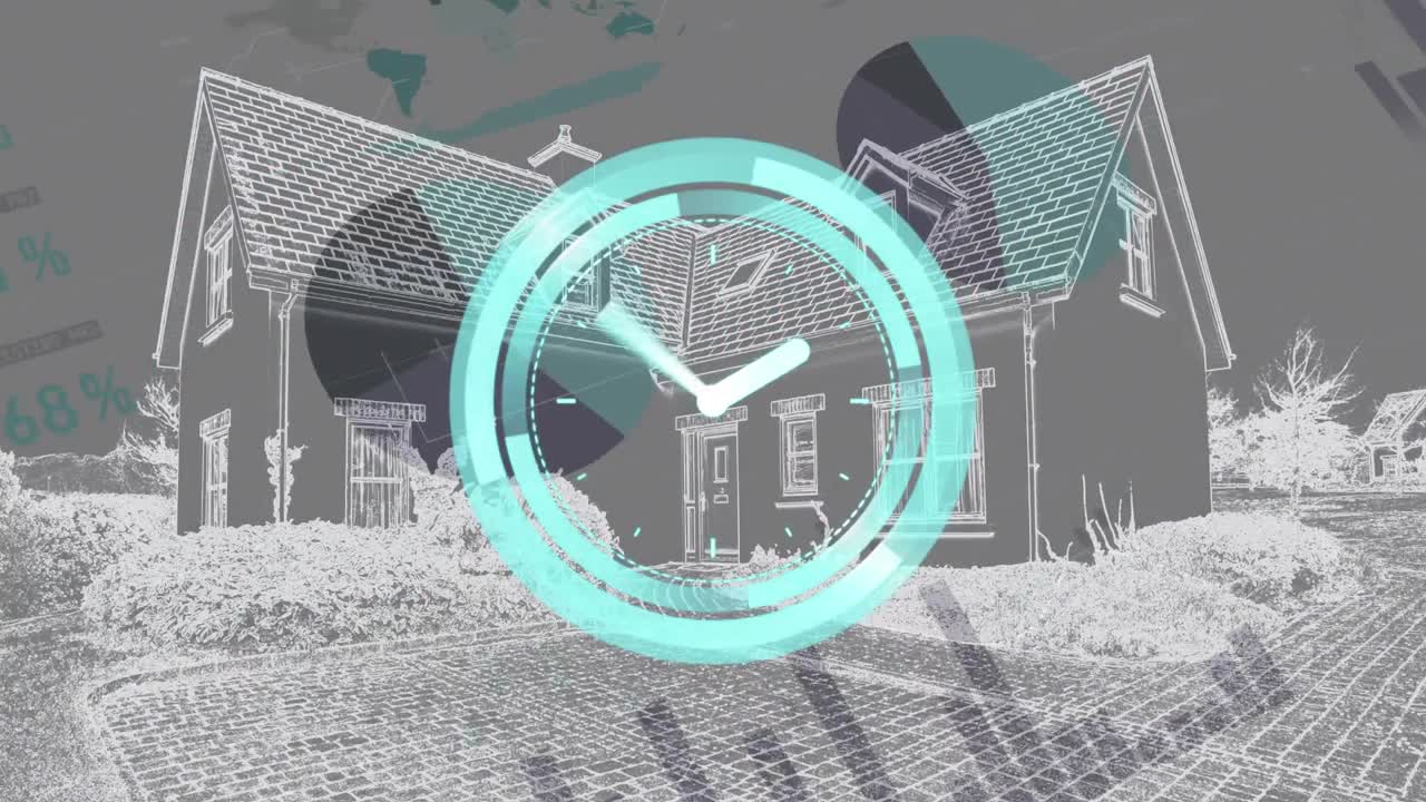 Animation of clock moving fast and statistics with data processing over house