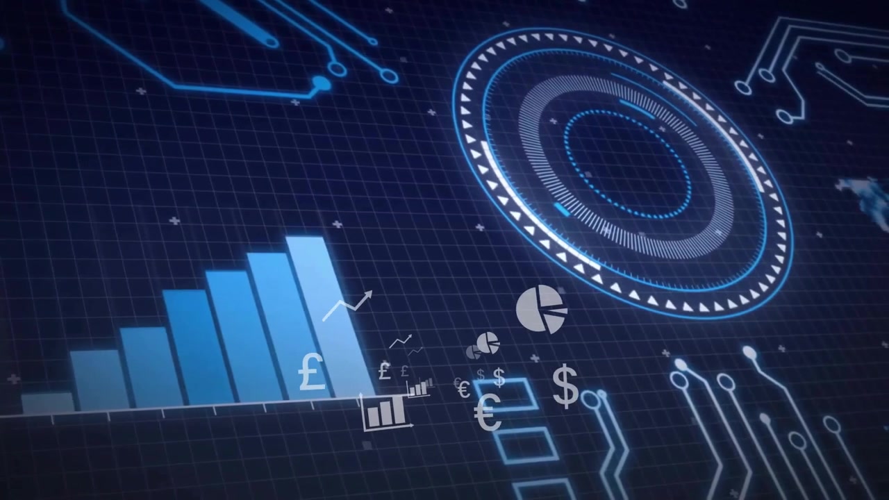 On load grid showing pulsing HUD launching currency icons and rising graph conveying financial data