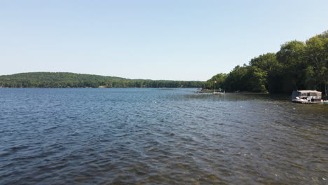 Low-flying-aerial-dolly-passes-above-sparse-reeds-along-lake-shore-and-private-docks