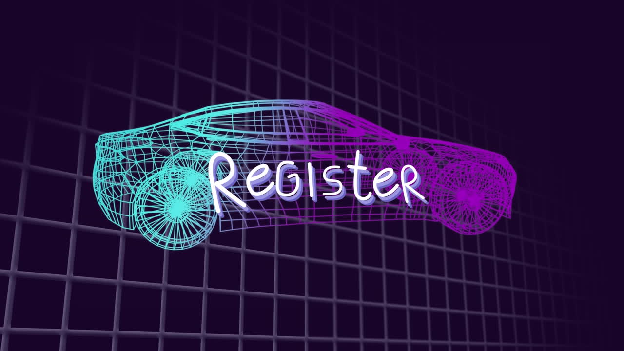 Animation of register text banner over 3d car model over grid network against black background