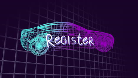 animación de un banner de texto de registro sobre un modelo de automóvil 3d sobre una red de cuadrícula contra un fondo negro