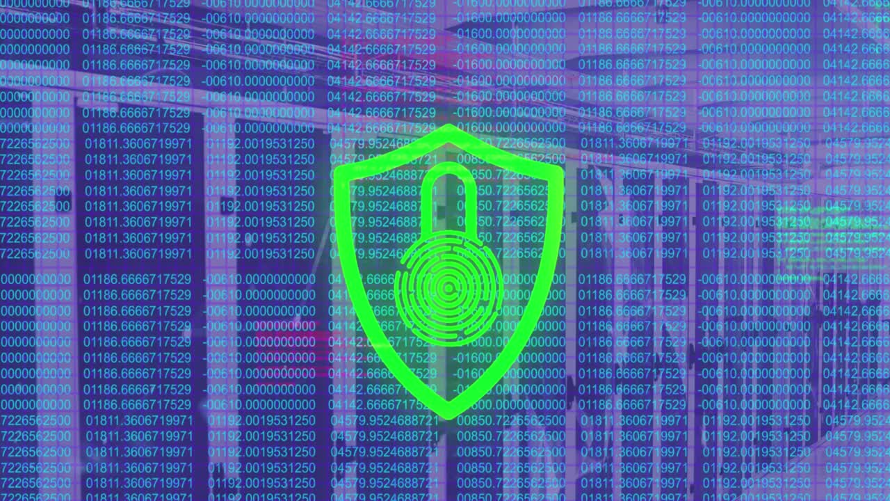 Animation of data processing and padlock over server room