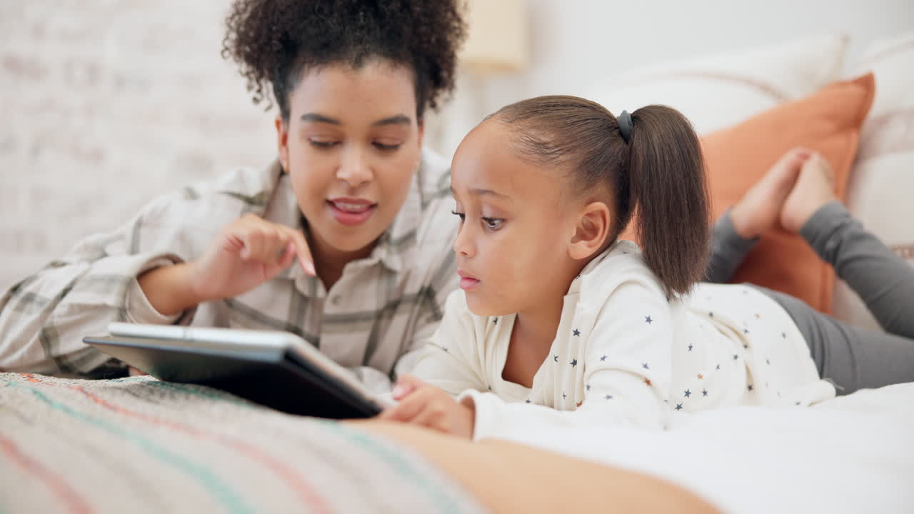 Tablet, elearning and mother with girl in bedroom