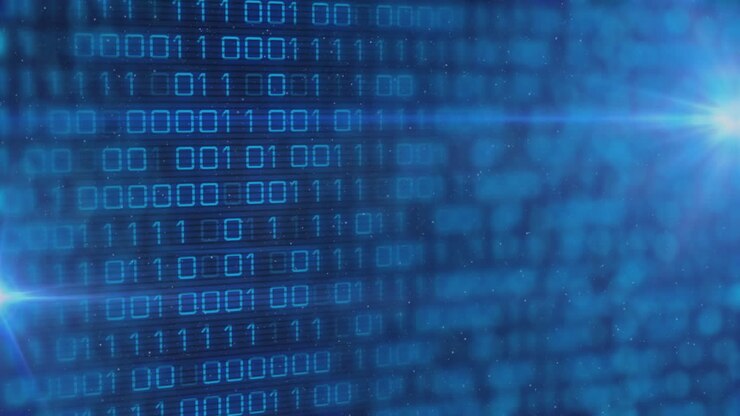Animation of binary coding and digital data processing over black background