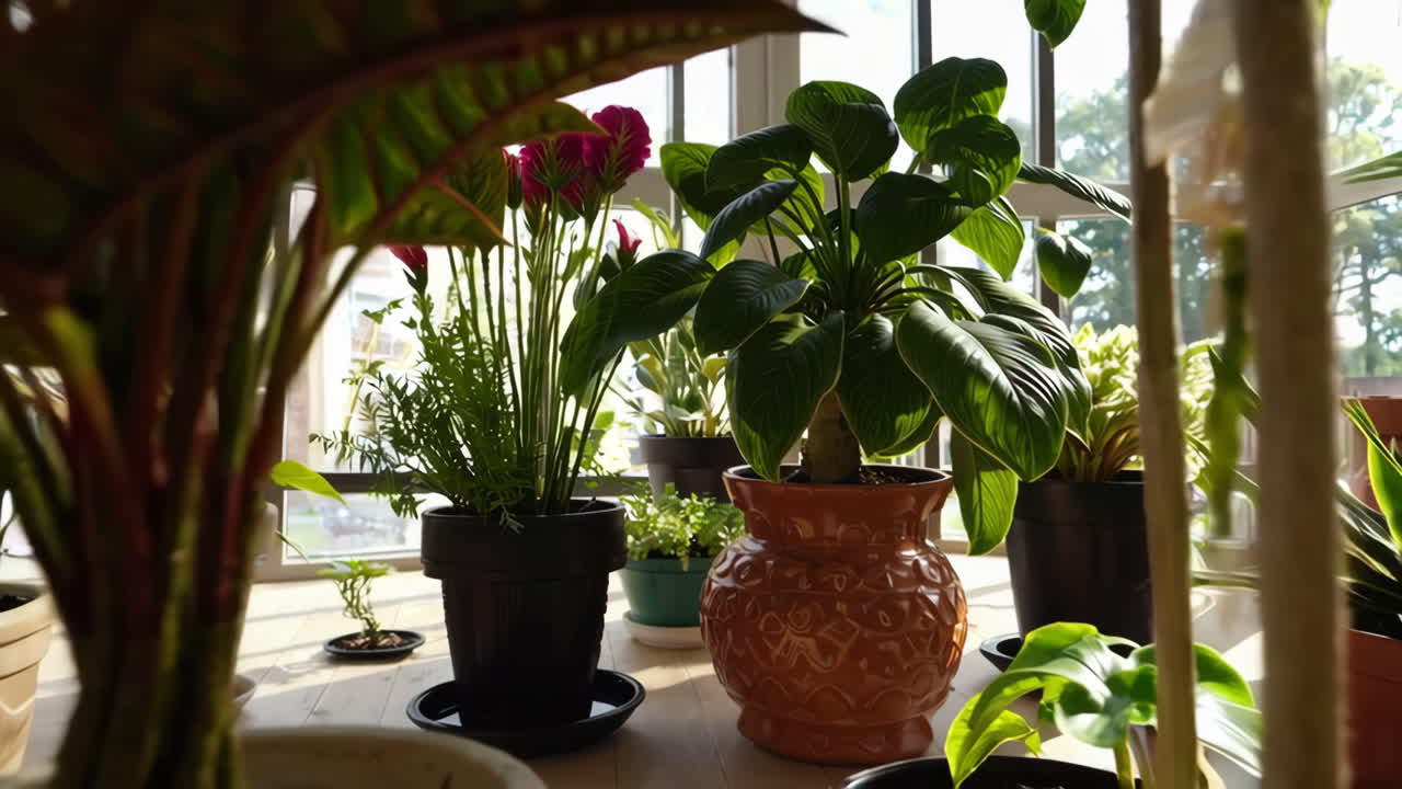 A collection of beautiful houseplants in pots, displayed on a windowsill