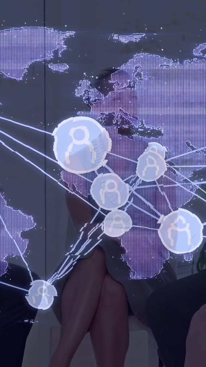 Panel sitting by LED map display overlay appearing and showing user or lock nodes analyzing cyber ri
