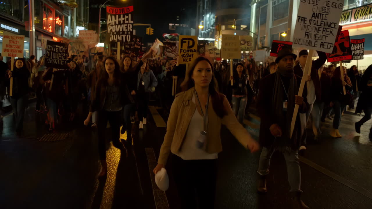 People marching and protesting on a city street at night