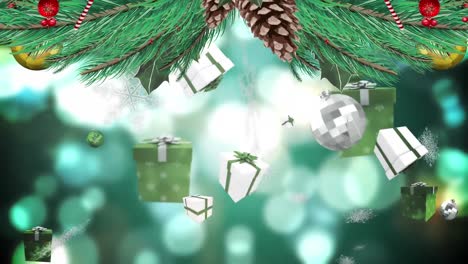 Digital-animation-of-christmas-decorations-against-multiple-christmas-baubles-and-gift-boxes-falling