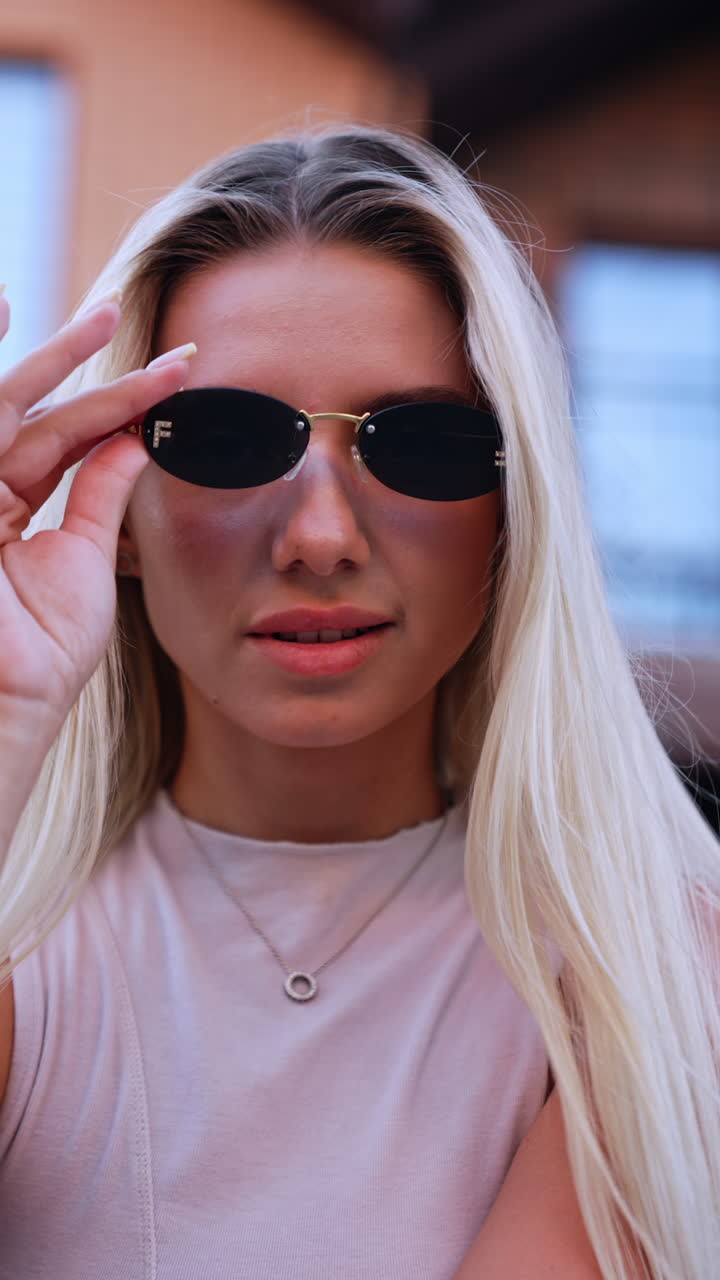 Relaxed Caucasian woman wearing sunglasses and white top sits outdoors. Lady touches her sunglasses as she glances at camera. Vertical video
