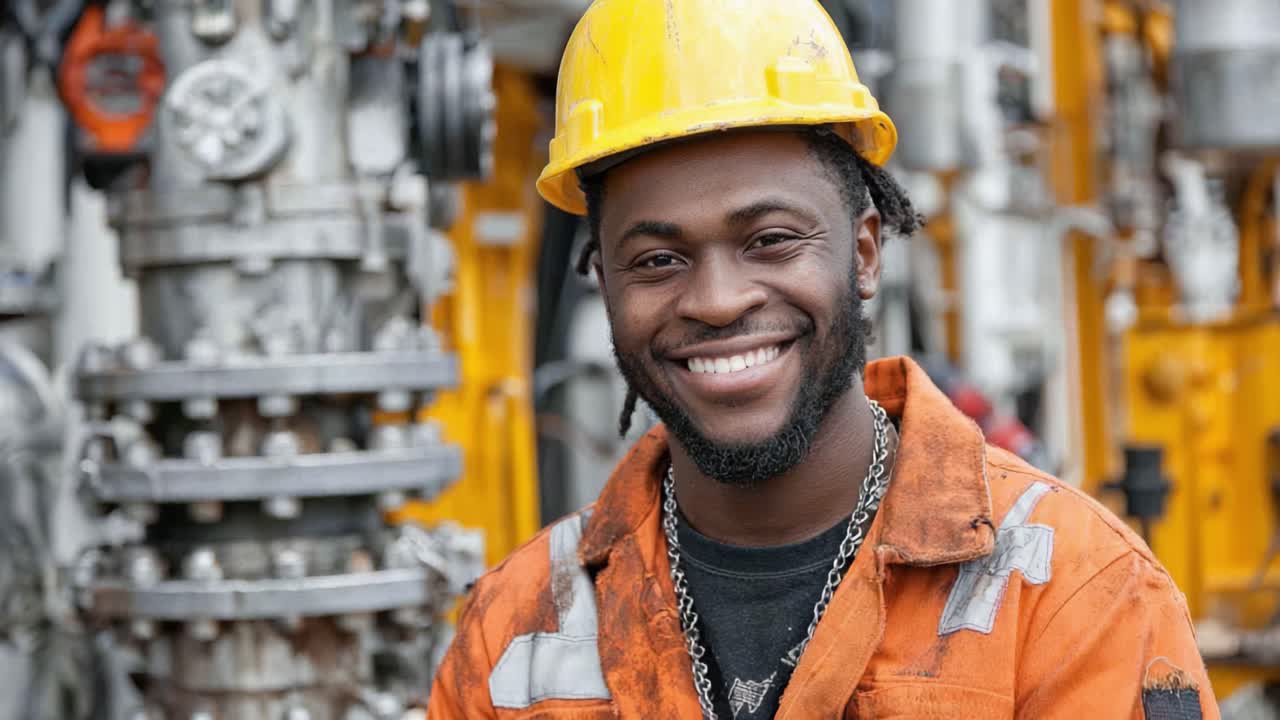 Un ouvrier qualifié, vêtu d'une combinaison de sécurité orange et d'un casque jaune, sourit devant des équipements industriels, rayonnant de confiance et de fierté dans son travail.