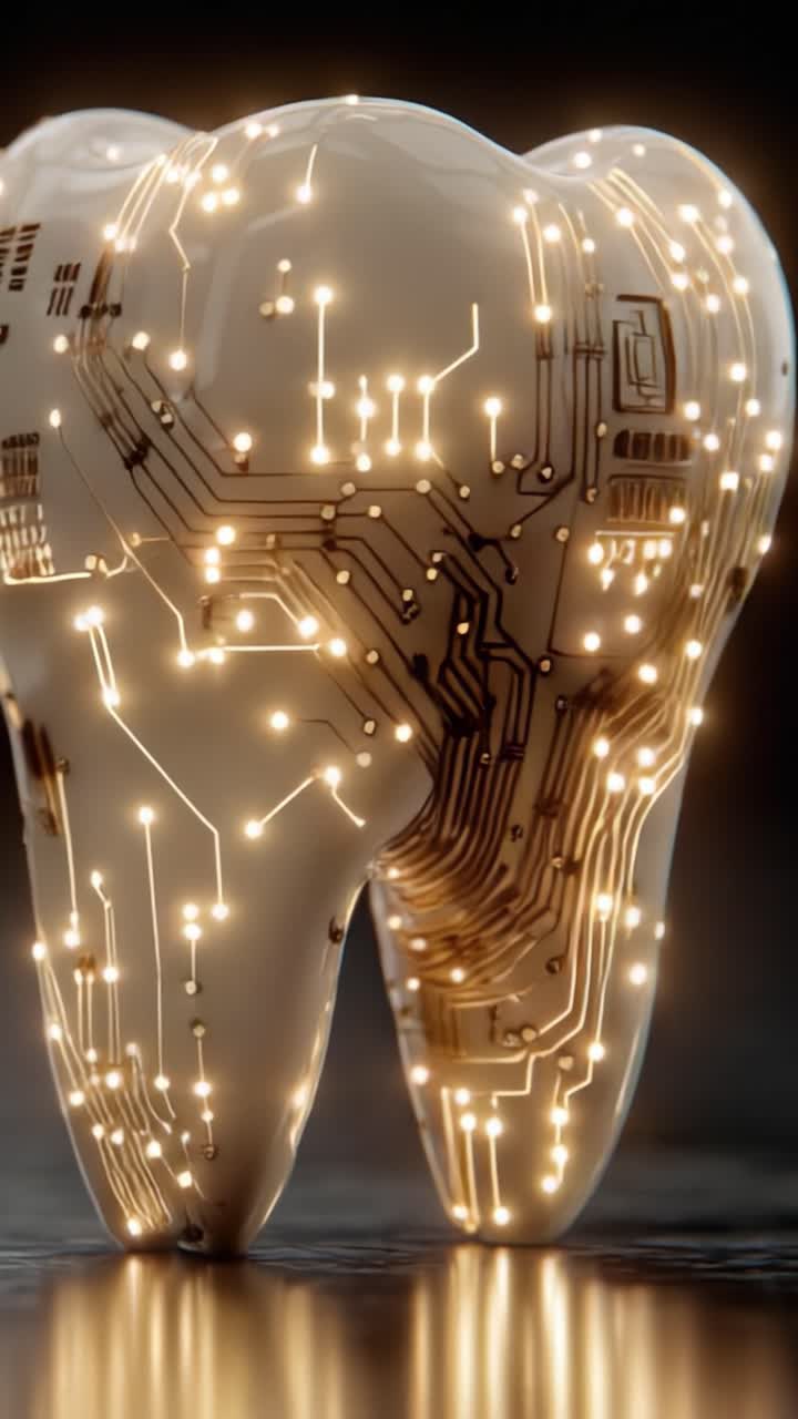 Futuristic Tooth Model Incorporating High-Tech Circuit Design with Illuminated Details, Symbolizing the Integration of Dental Health and Advanced Technology