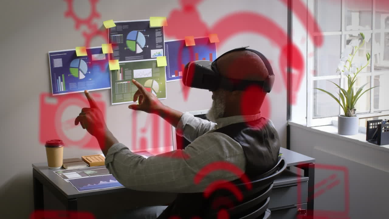 Animation of social media icons over african american man wearing vr headset