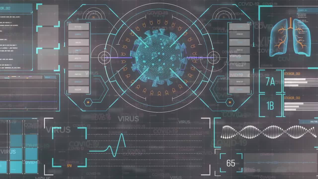 animación de la célula de covid 19 y procesamiento de datos