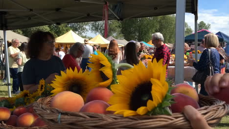 a hand selecting peaches from a basket of fruit and sunflowers at an outdoor market