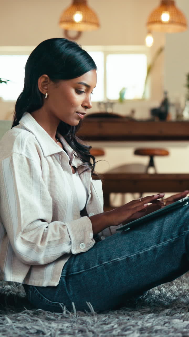 Young Woman Sitting on Floor and Using a Digital Tablet at Home