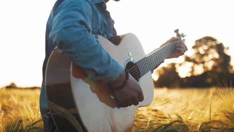 musician playing guitar in field at sunset golden hour slow motion