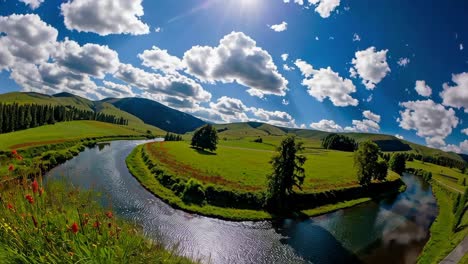 scenic valley landscape with river and lush green meadows