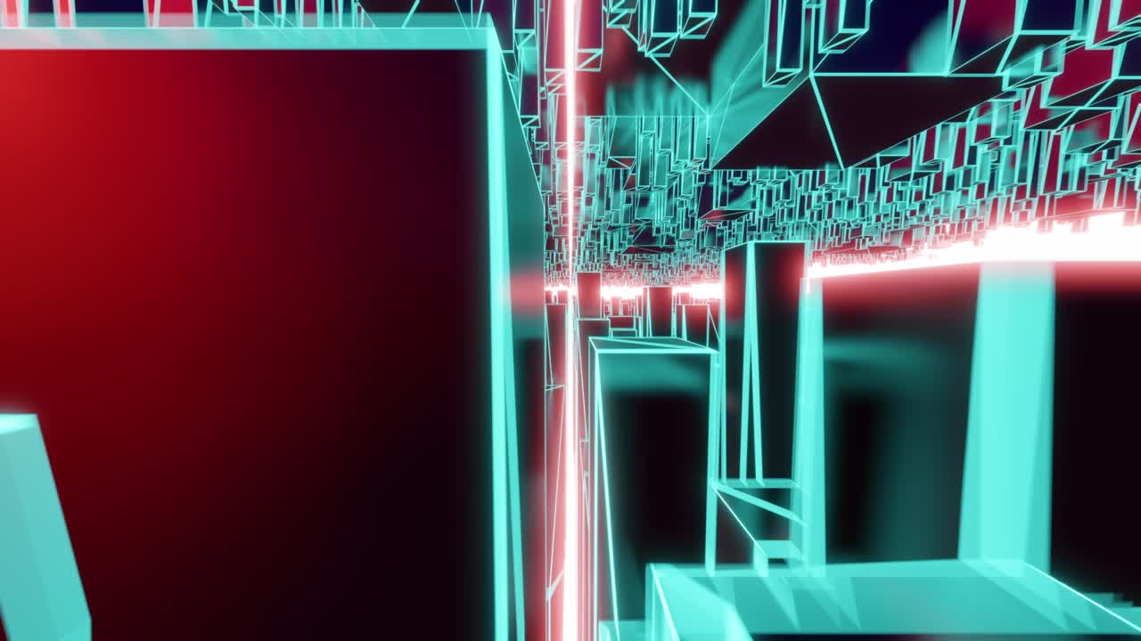 Virtual city in meta Universe, 3D rendering concept of metaverse matrix environment, inception sky. Seamless loop video