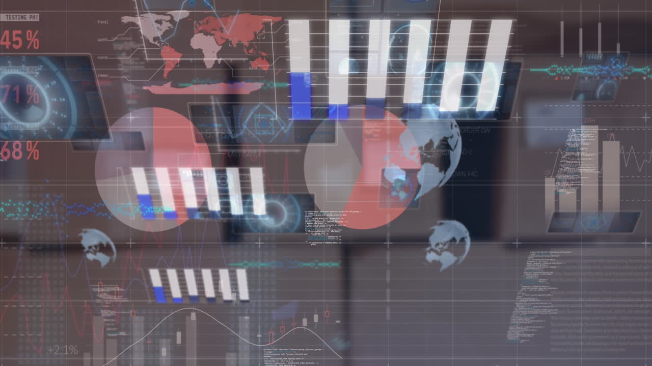 animación del procesamiento de datos estadísticos contra la pila de cajas de entrega en el almacén