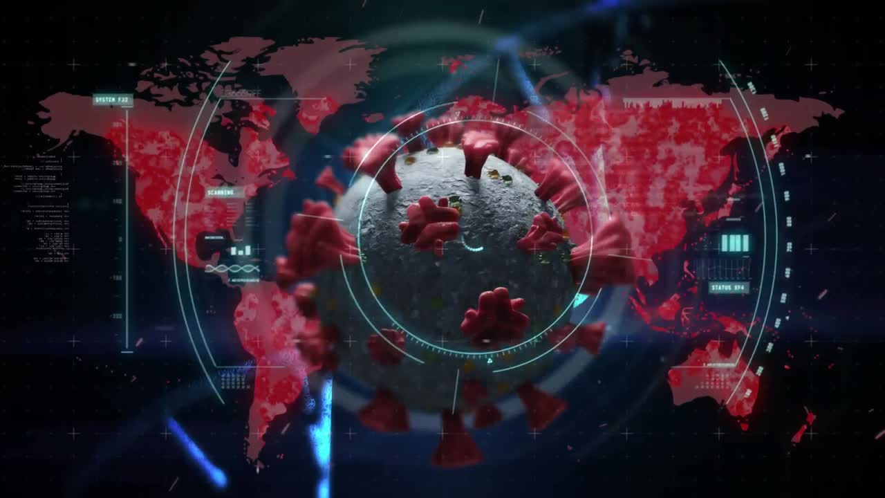animación de la célula macro coronavirus covid-19 analizada en el mapa del mundo con zonas en rojo