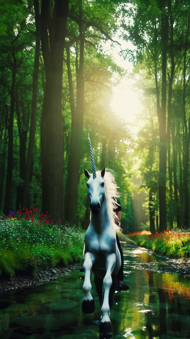 Person riding a horse through a sunlit forest stream