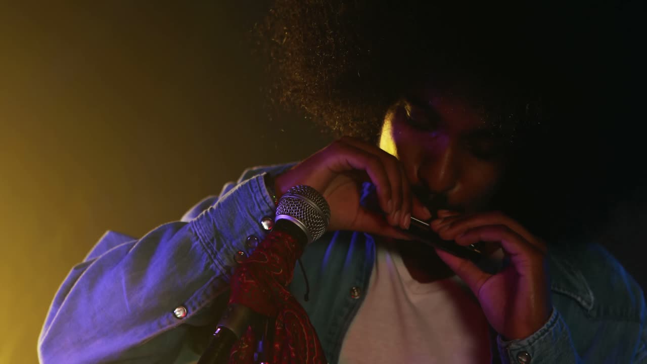 Man playing harmonica at nightclub 4k